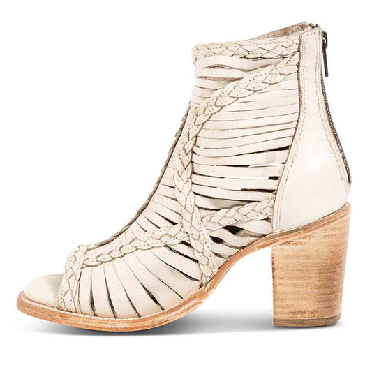 Beige Braided Hollow-Out Peep Toe Chunky Heel Ankle Boots with Zipper