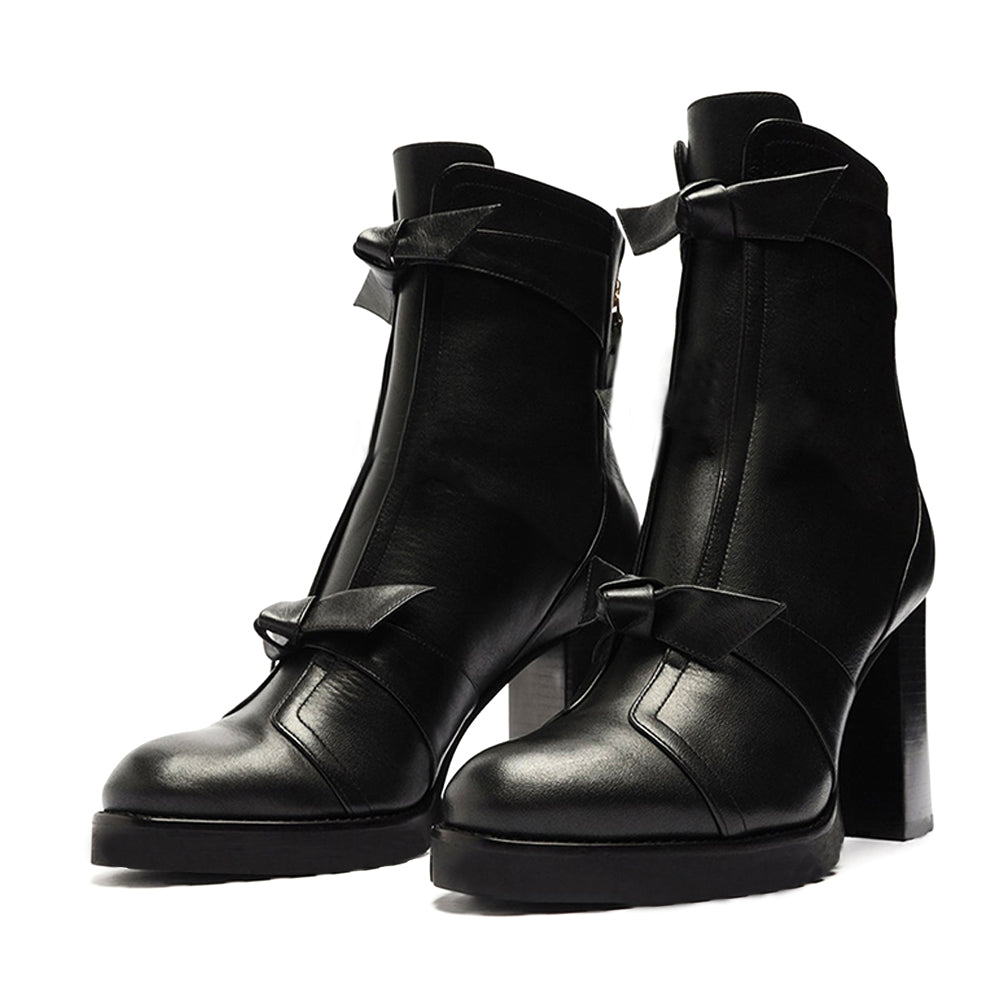 Women's Round Toe Double Knotted Block Heel Ankle Boots with Zip