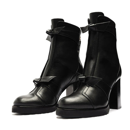 Women's Round Toe Double Knotted Block Heel Ankle Boots with Zip