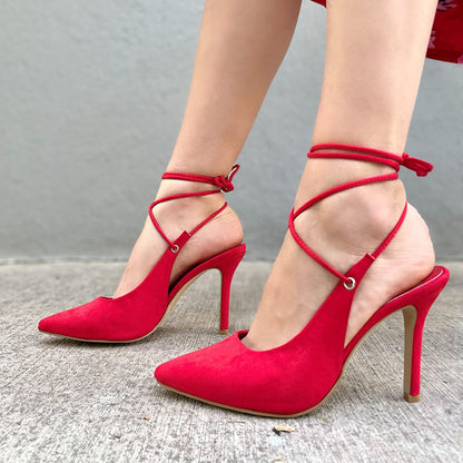 Women's Red Pointed Toe Wrapped Strappy Office Pumps Heels