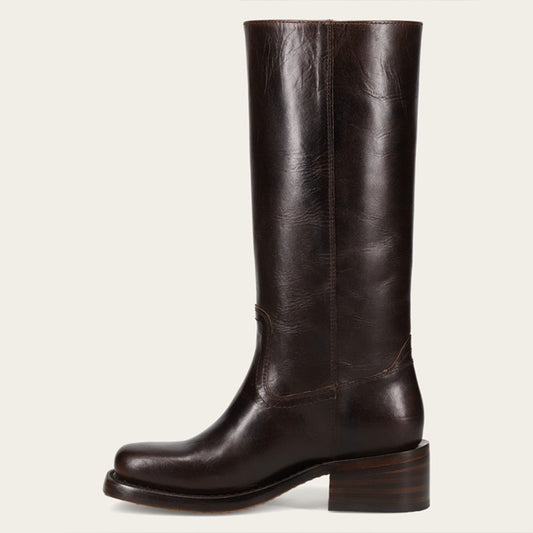 Brown Vegan Leather Pull-On Square Toe Mid Calf Boots with Block Heel