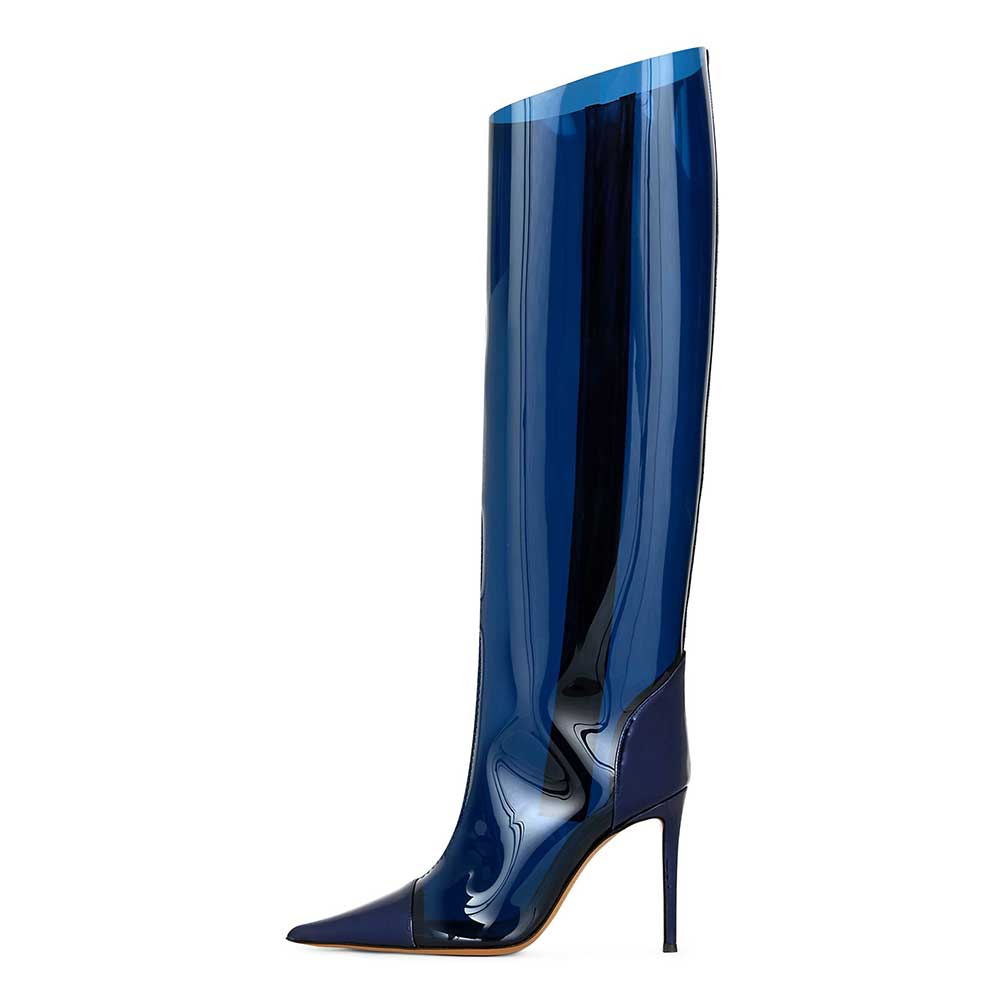 Navy Pointed Toe Iridescent Stiletto Heel Knee High Boots with Zipper