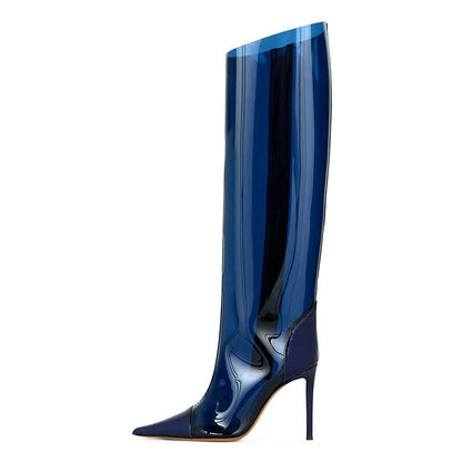Navy Pointed Toe Iridescent Stiletto Heel Knee High Boots with Zipper