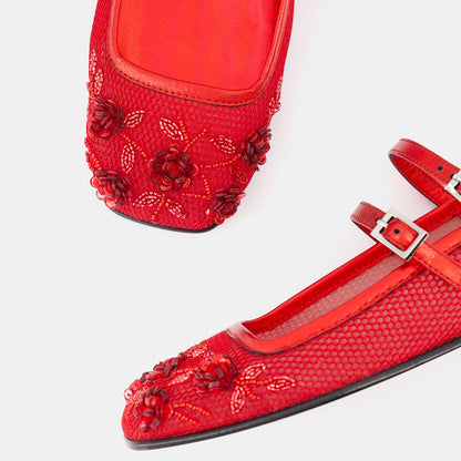 Red Mesh Floral Beads & Sequins Embellished Closed Toe Mary Jane Flats