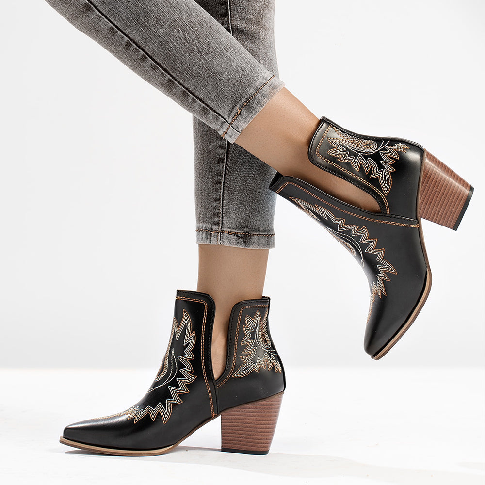 Black Closed Toe Chunky Heel Western Ankle Boots