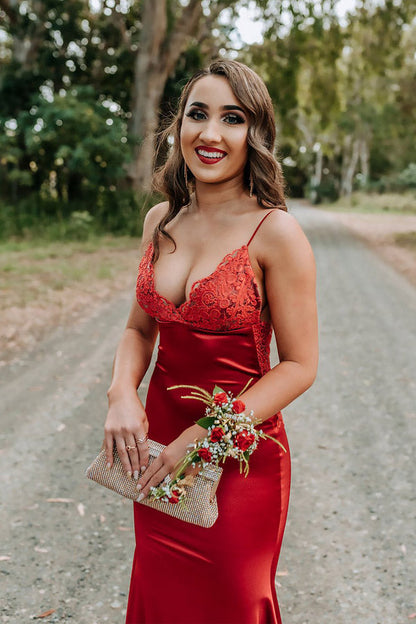 Mermaid Spaghetti Straps Satin Prom Dress Lace Top Evening Dress,WP093