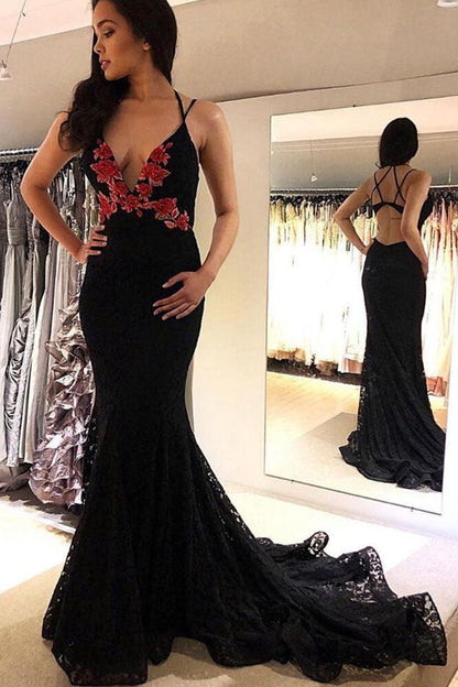 Mermaid Black Lace Deep V-neck Embrodiery Flower Prom Dress,WP269