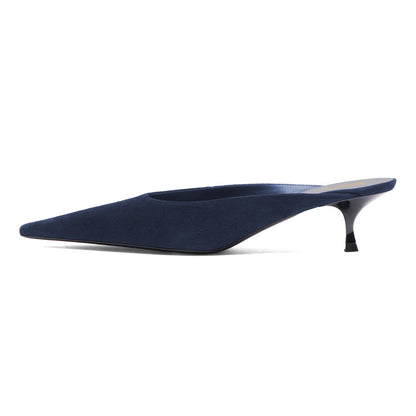 Women's Casual Vegan Suede Kitten Heel Pointy Toe Mules in Navy