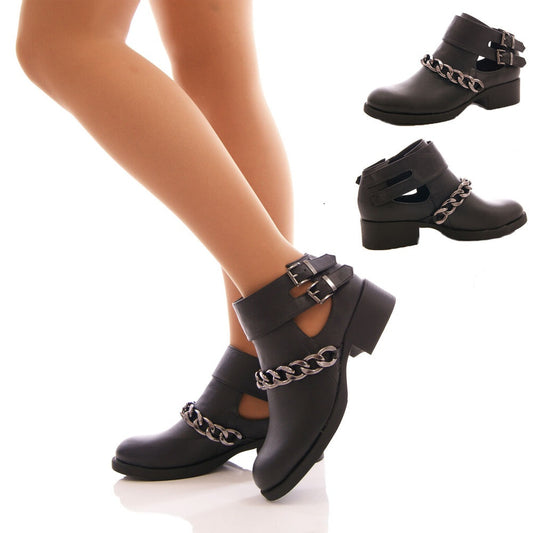Women's Black Buckles Chunky Heel Ankle Boots with Chain