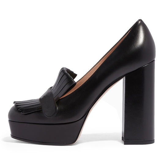 Black Closed Toe Chunky Heel Loafers with Platform