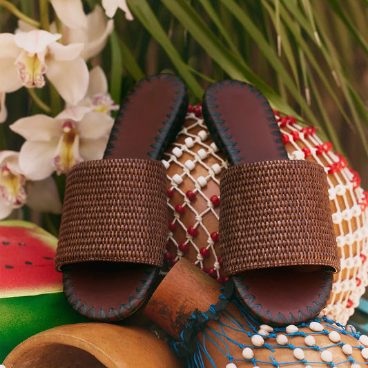 Comfort Brown Woven Open Round Toe Flat Slide Shoes for Women