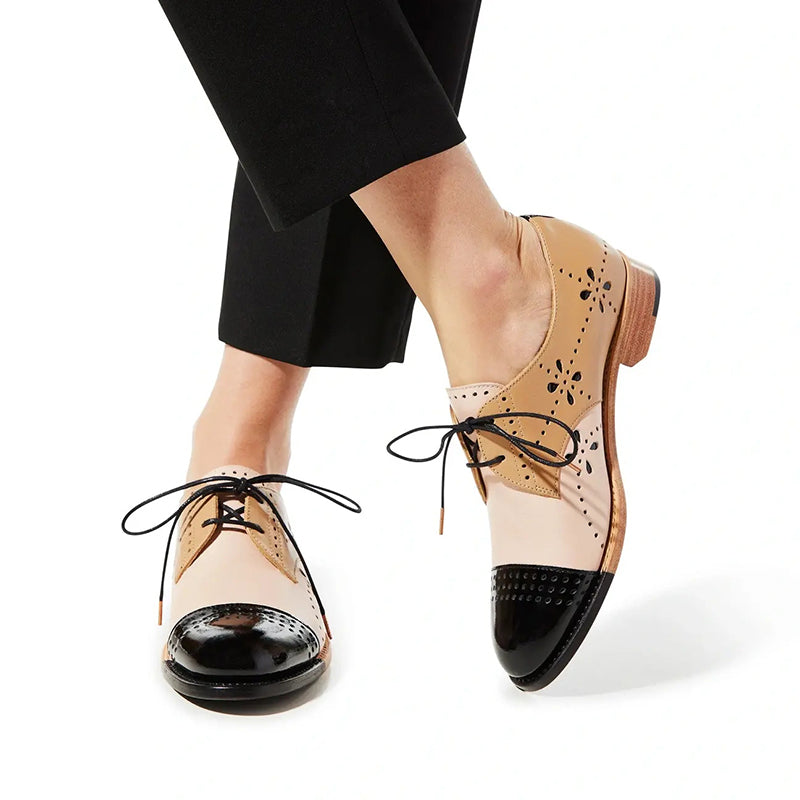 Multicolor Round Toe Flats Classic Cutout Lace Up Women's Oxfords