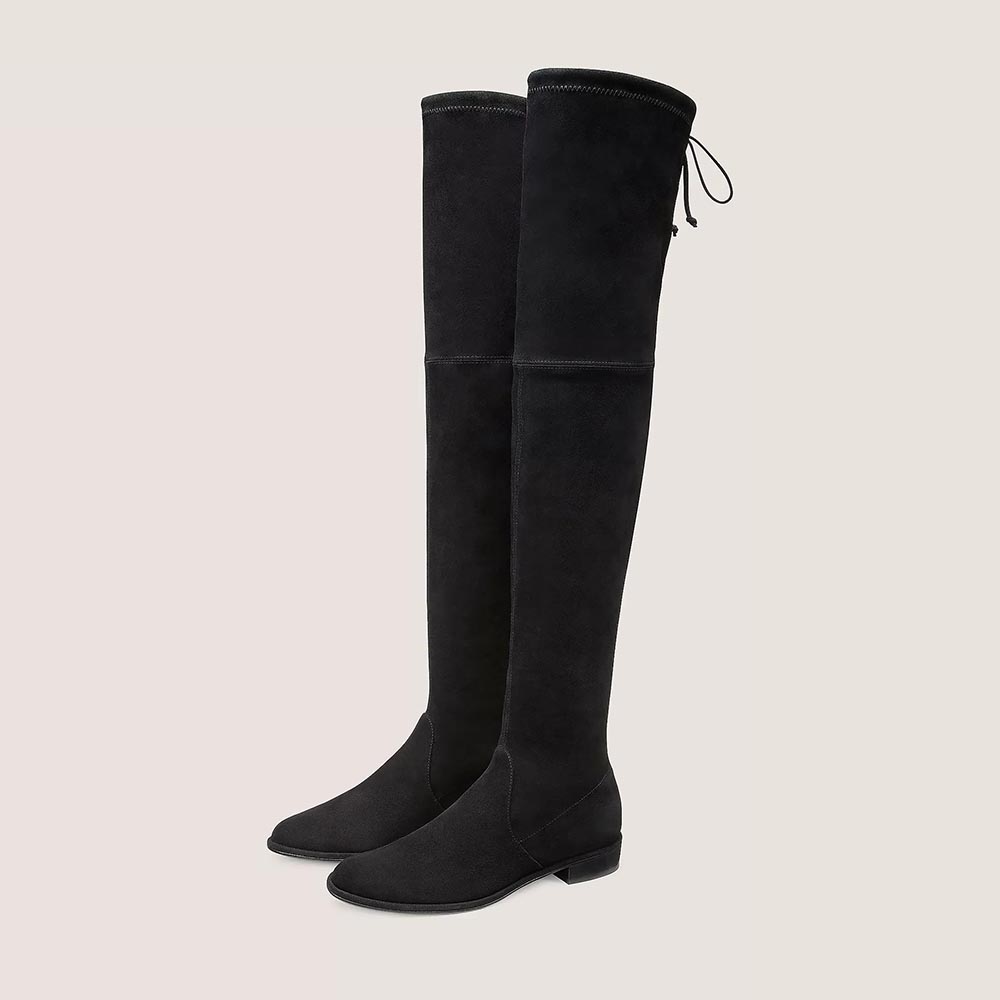 Black Vegan Suede Round Toe Back Lace Up Flats Thigh High Boots