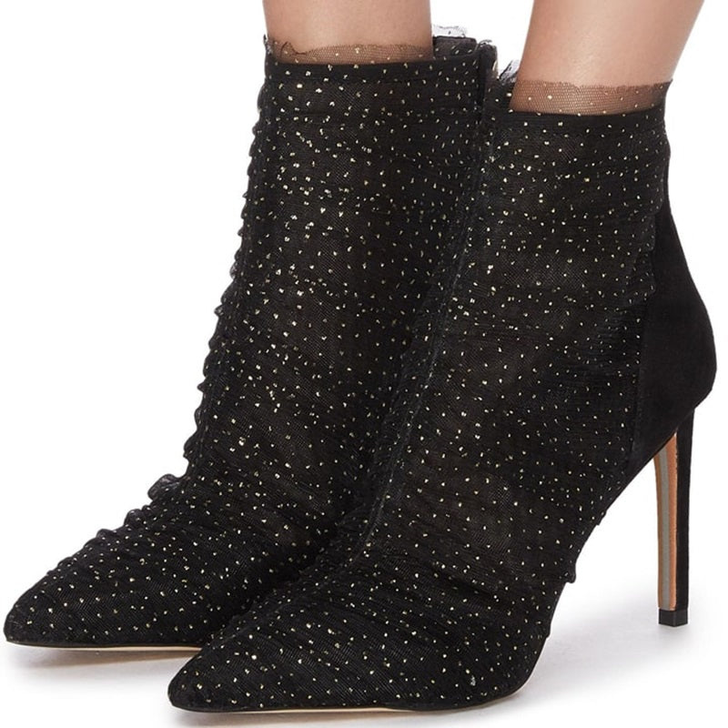 Black Mesh Ruched Pointed Toe Stiletto Heel Ankle Boots for Women