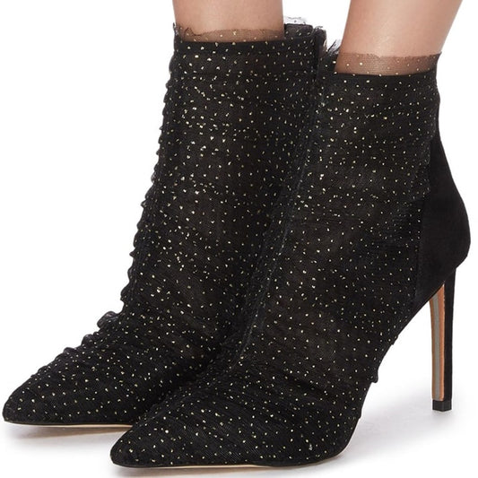 Black Mesh Ruched Pointed Toe Stiletto Heel Ankle Boots for Women