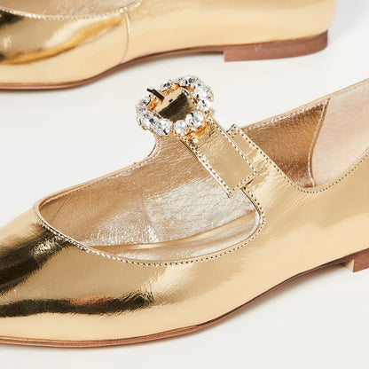 Gold Pointed Toe Mary Jane Shoes Buckle Flats