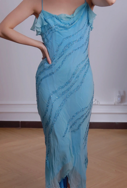 Elegant Blue Mermaid Chiffon Long Prom Dress Evening Dress P4228