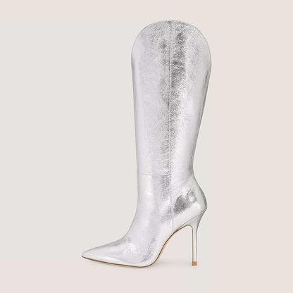 Silver Metallic Pointed Toe 4'' Stiletto Heel Knee High Boots