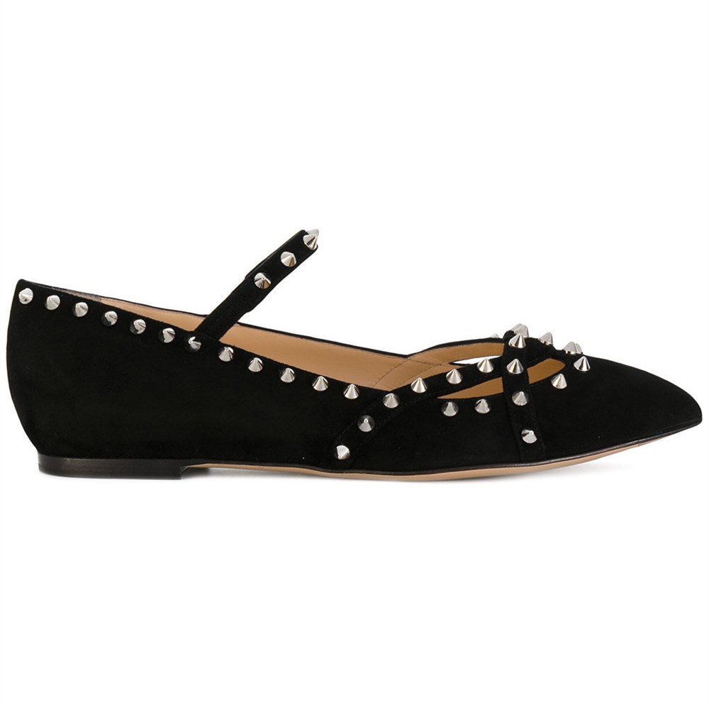 Black Vegan Suede Pointed Toe Rivets Strappy Mary Jane Flats