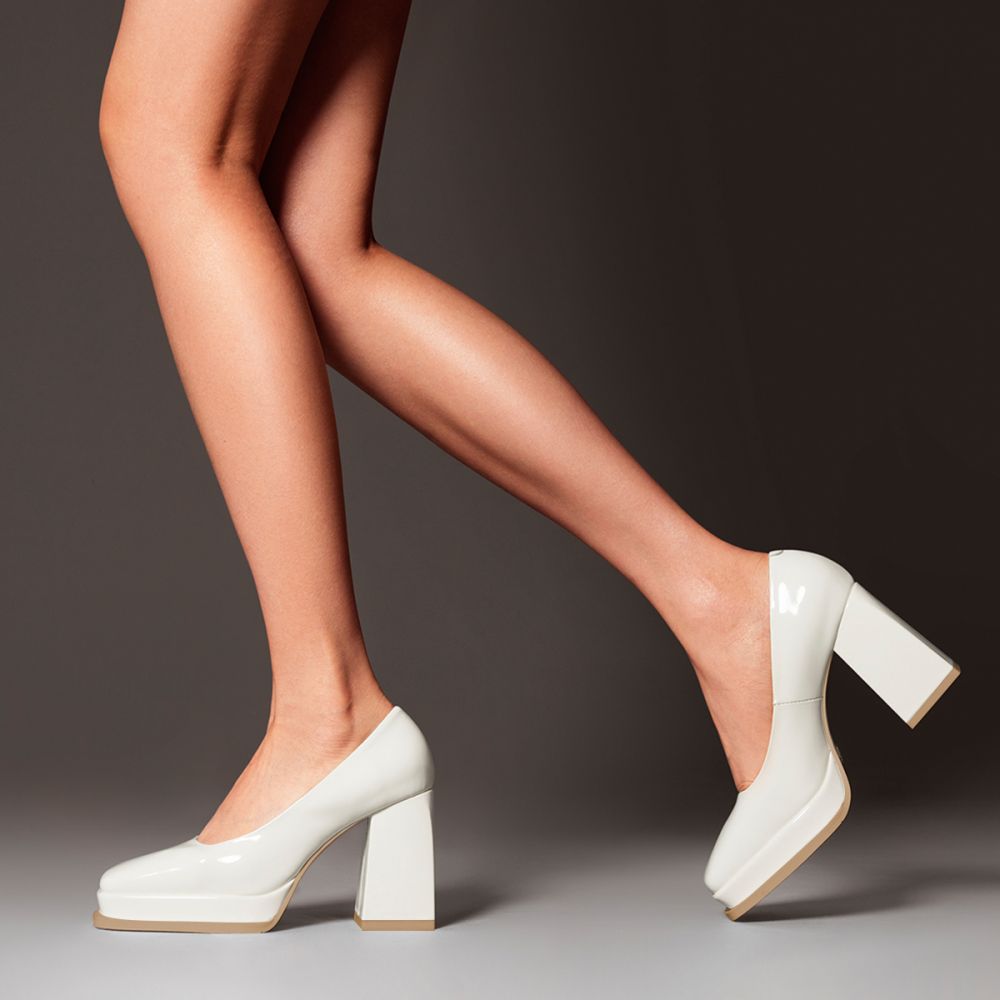 Women's Patent Leather Square Toe Chunky Heel White Platform Pumps