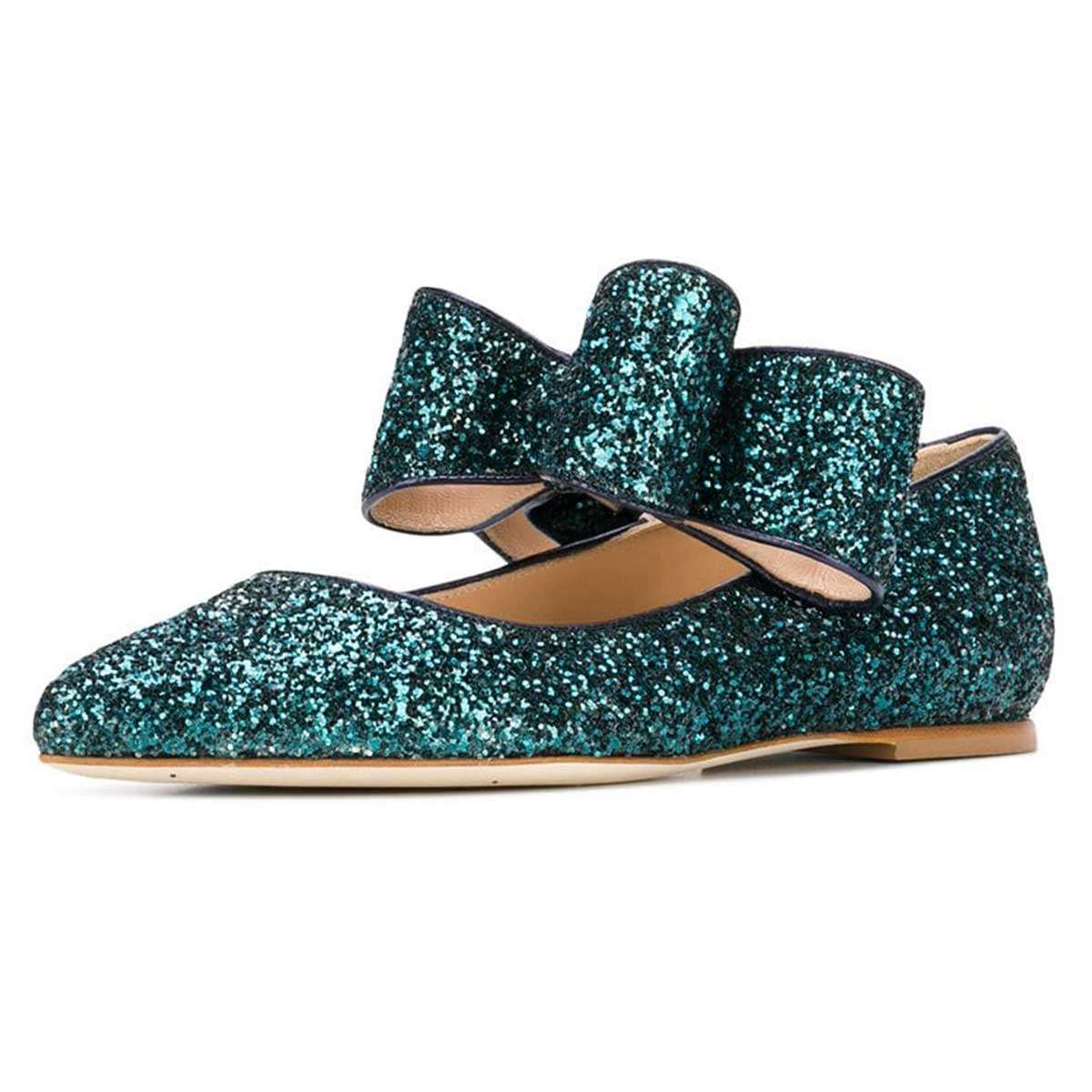 Green Glitter Bow Pointy Toe Comfortable Flats