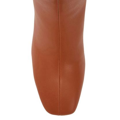 Brown Square Toe Chunky Heel Hardware Pull-On Knee High Boots