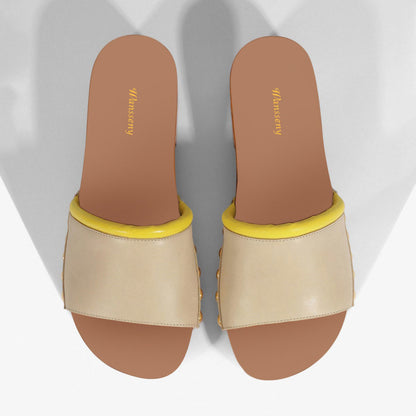 Beige Stud Embellished Chunky Heel Mules Shoes with Platform