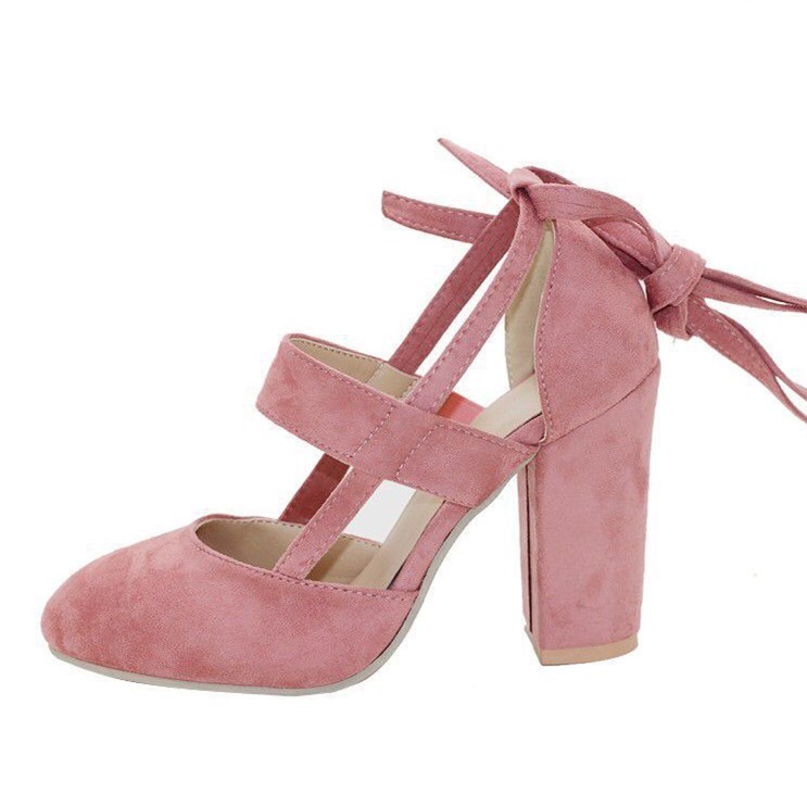 Women's Pink Vegan Suede Round Toe Strappy Block Heel Pumps by FSJ