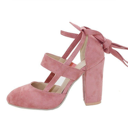Women's Pink Vegan Suede Round Toe Strappy Block Heel Pumps by FSJ