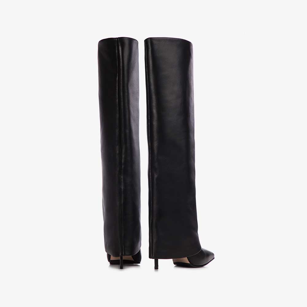 Black Pointed Toe Stiletto Heel Fold Over Wide Calf Knee High Boots
