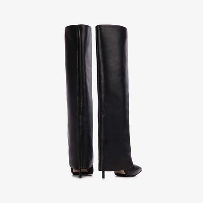 Black Pointed Toe Stiletto Heel Fold Over Wide Calf Knee High Boots