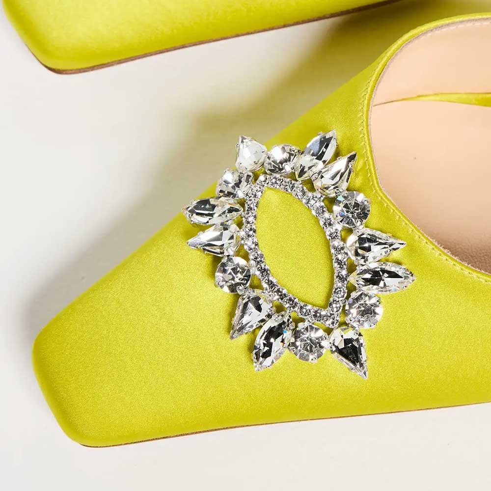 Yellow Square Toe Crystal Embellished Spool Heel Women's Mules Shoes