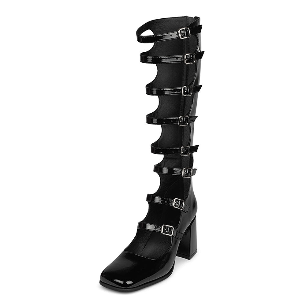 Black Closed Toe Block Heel Strappy Knee High Boots