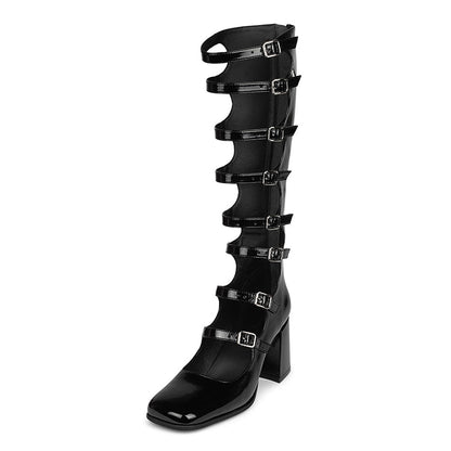 Black Closed Toe Block Heel Strappy Knee High Boots
