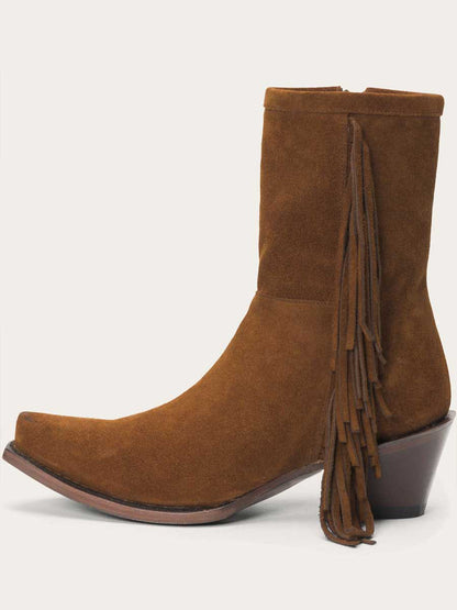 Brown Faux Suede Snip Toe Angle Fringe Zipper Cowgirl Ankle Boots With Chunky Heels