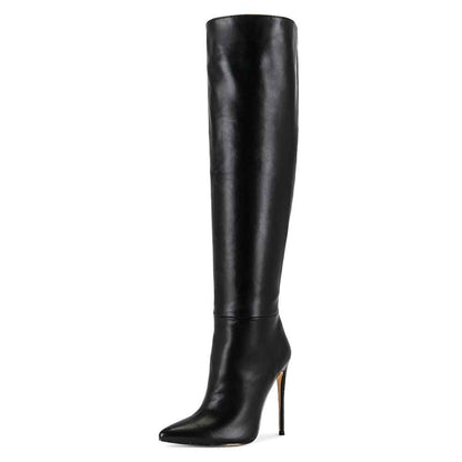 Black Wide Calf Knee High Boots with Stiletto Heels