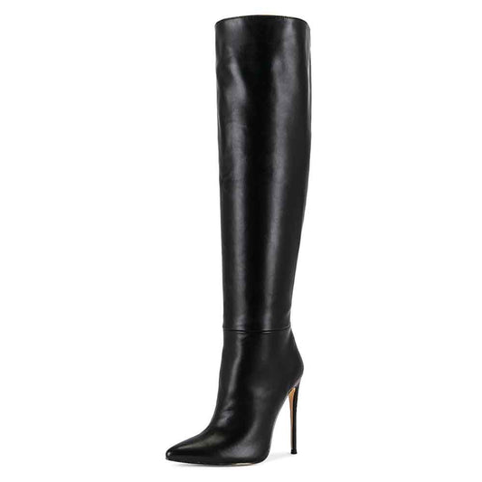 Black Wide Calf Knee High Boots with Stiletto Heels