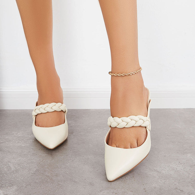 Women's Elegant White Pointed Toe Braided Strap Mule Kitten Heels