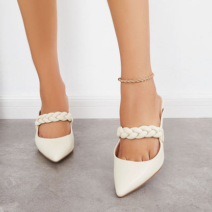 Women's Elegant White Pointed Toe Braided Strap Mule Kitten Heels