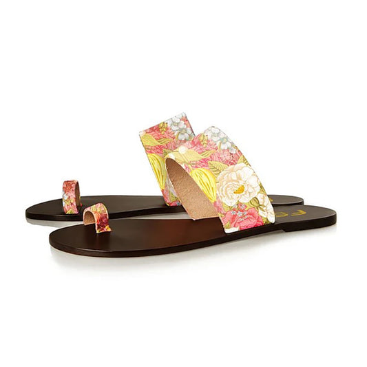 Women's Colorful Floral Print Summer Beach Toe Ring Sandals