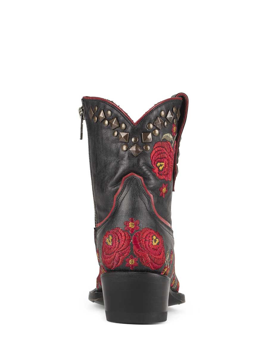 Black Snip Toe Floral Embroidery Studded Block Heeled Cowgirl Ankle Boots