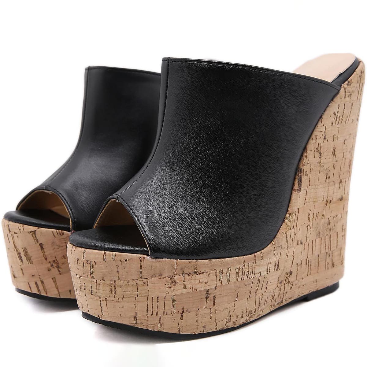 Black Cork Wedge Heels Peep Toe Platform Mules Shoes for Women