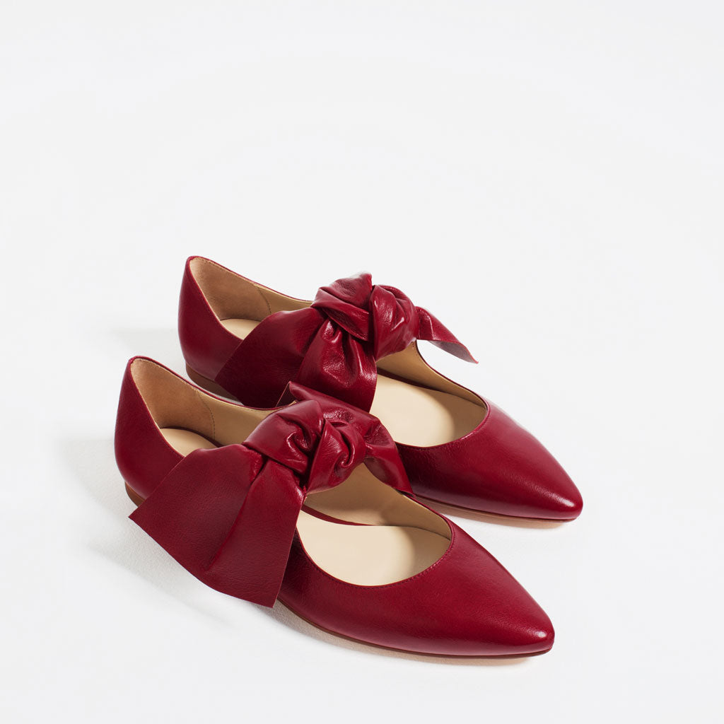 Women's Red Oversized Bow Pointed Toe Comfortable Flats Shoes