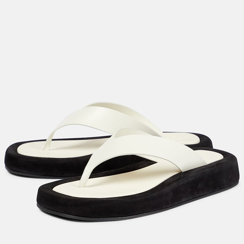 Women's Classic Ivory and Black Open Square Toe Flats Flip Flops