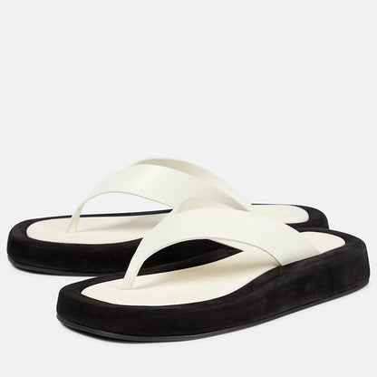 Women's Classic Ivory and Black Open Square Toe Flats Flip Flops