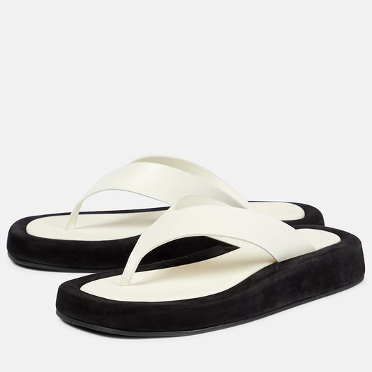 Women's Classic Ivory and Black Open Square Toe Flats Flip Flops