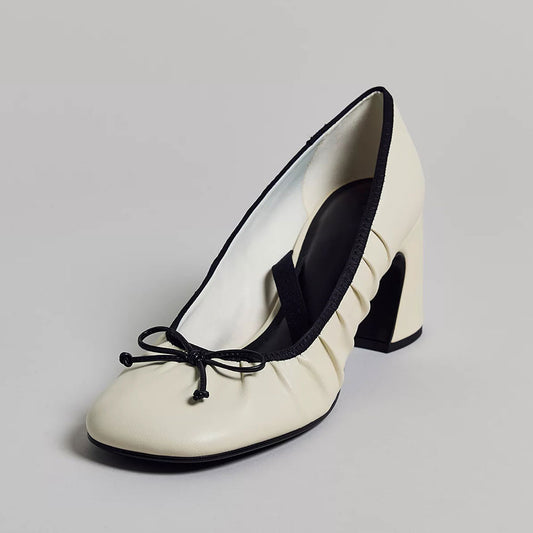 Classic Ivory Square Toe Chunky Heel Pleated Pumps Shoes with Bow