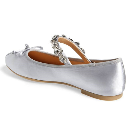 FSJ Women's Satin Round-Toe Rhinestone Strap Ballet Flats in Silver