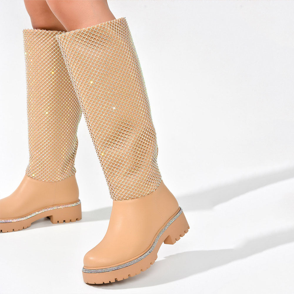 FSJ Nude Round Toe Rhinestone Mesh Chunky Heel Knee High Boots