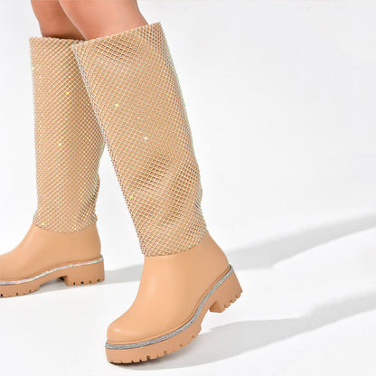 FSJ Nude Round Toe Rhinestone Mesh Chunky Heel Knee High Boots